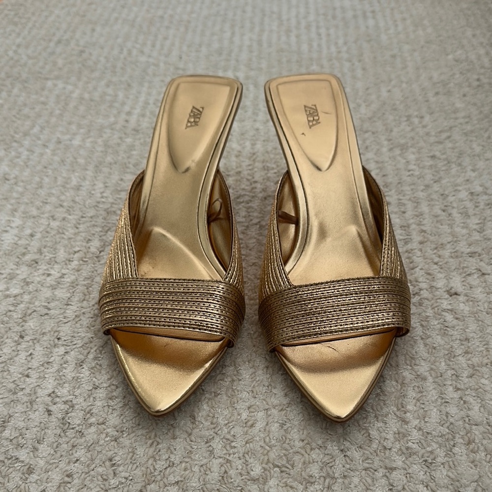 Zara Gold Mules with Kitten Heel and Open Toe